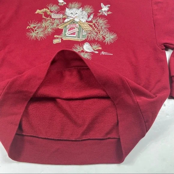 Vintage Cat Sweatshirt size Large Birds Nature Red Pullover - Picture 2 of 10